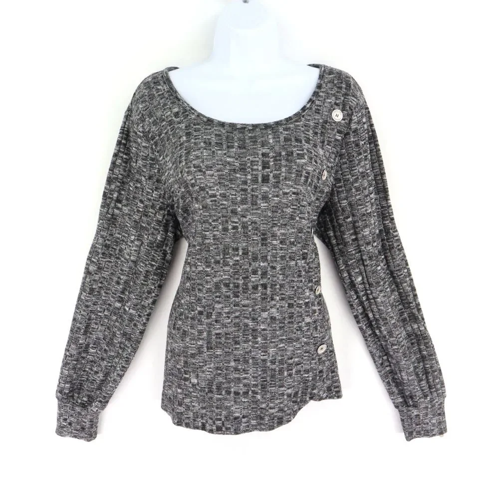 Adrienne Vittadini Sweater Pullover Womens Size XL Gray Heathered Button Accents